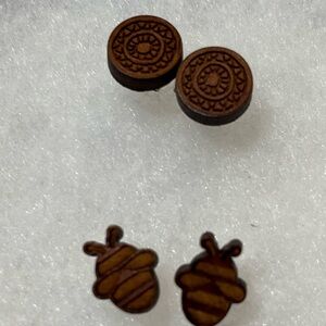 Set of Two Wooden Bee and Patterned Stud Earrings